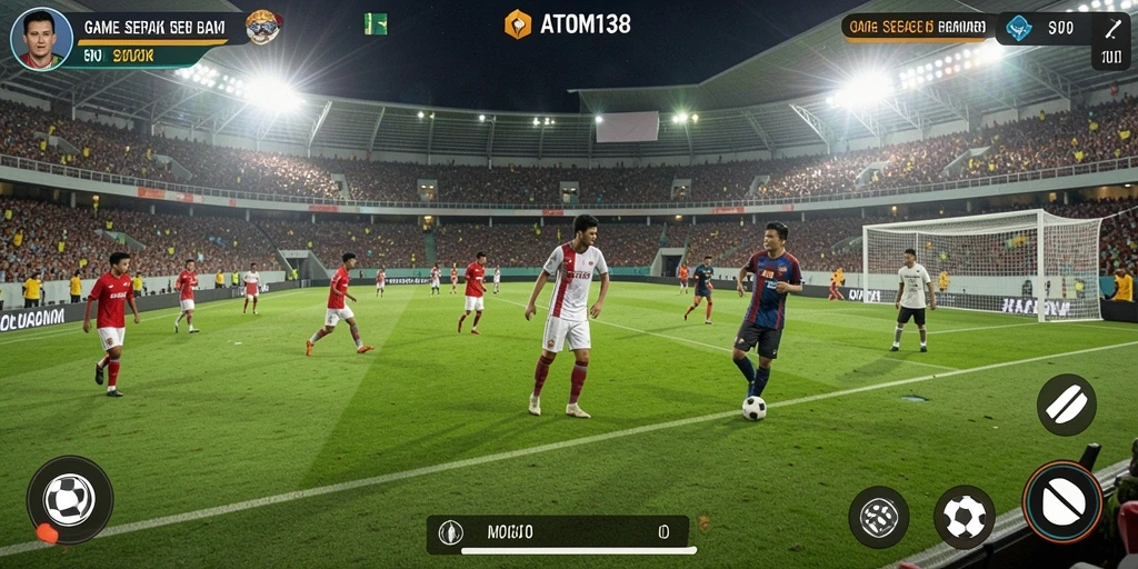 Screenshot menunjukkan aksi seru dalam permainan sepak bola ATOM138.