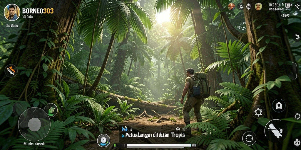 Tampilan gameplay menakjubkan dengan petualangan di hutan tropis.