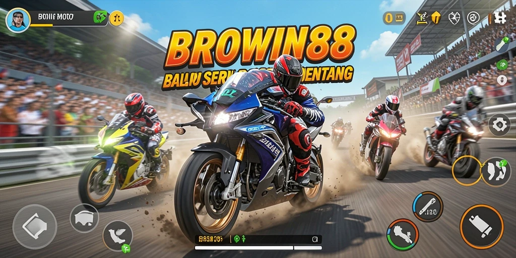 Tampilan gameplay BROWIN88 dengan balapan motor yang intens dan aksi cepat.