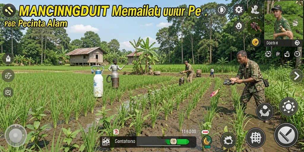 Tampilan gameplay MANCINGDUIT dengan aktivitas bertani dan memancing.